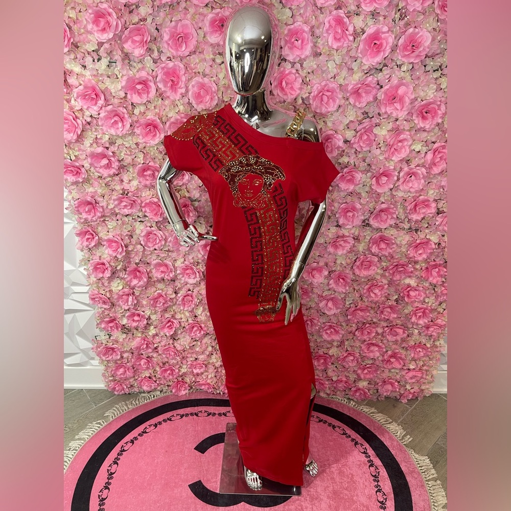 Chic One-Shoulder Red Dress with Gold Detailing
